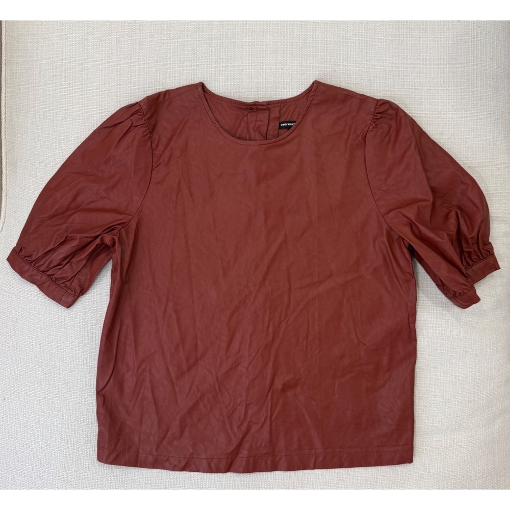Who What Wear Faux Leather Top Womens Small Rust Puff Sleeve Button Back Exc